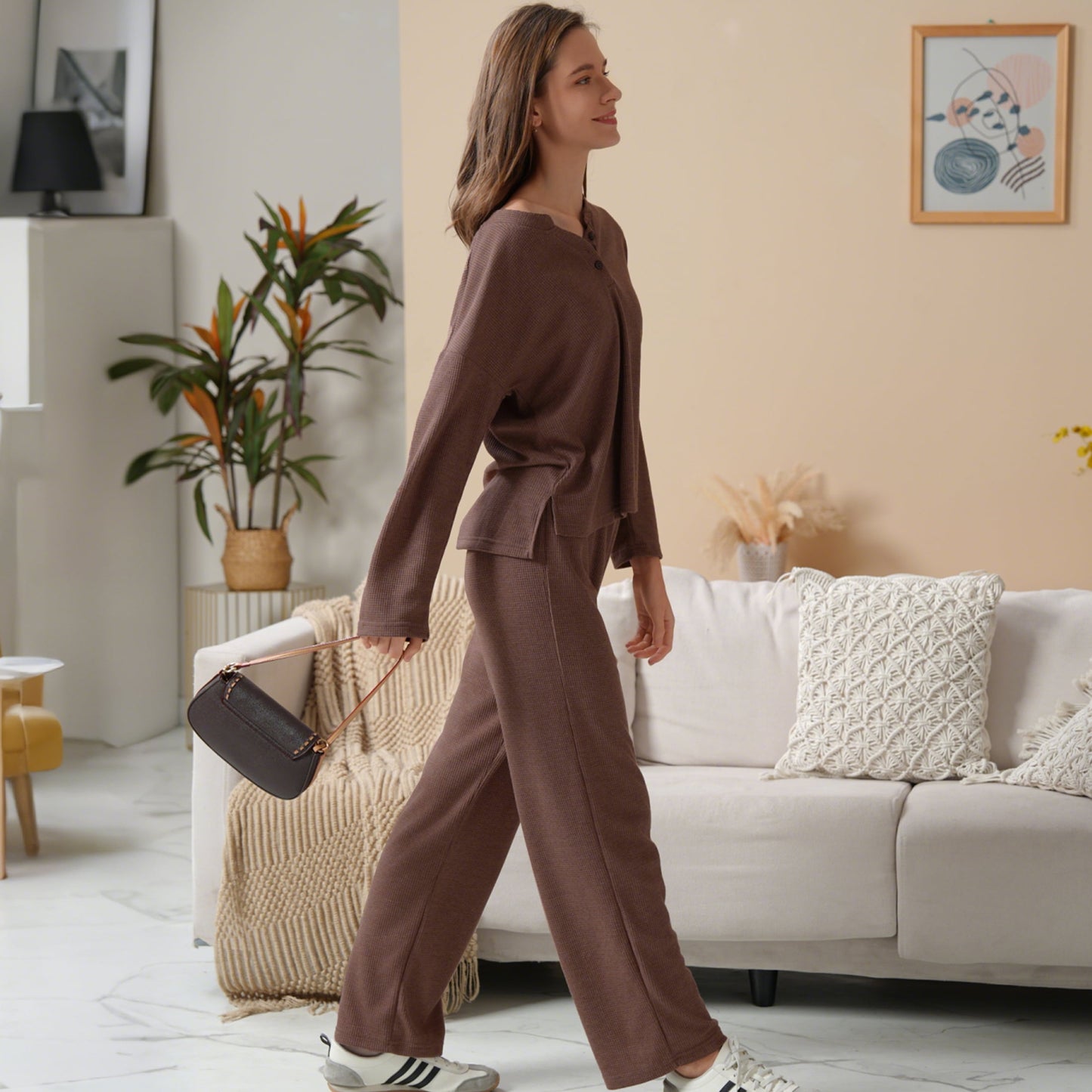 MecTo Womens Pajamas Sets Knit Pj Set V-neck Top with Long Pants Sleepwear 2 Piece Lounge Set