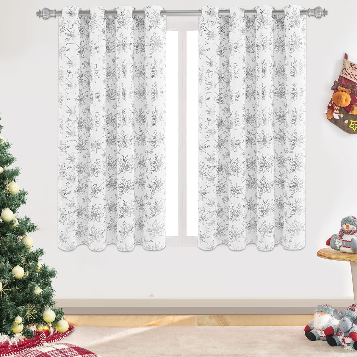 Alishomtll Red Christmas Blackout Curtains Golden Poinsettia Foil Print Room Darkening Window Drapes, 52" x 84"L, Set of 2 Panels