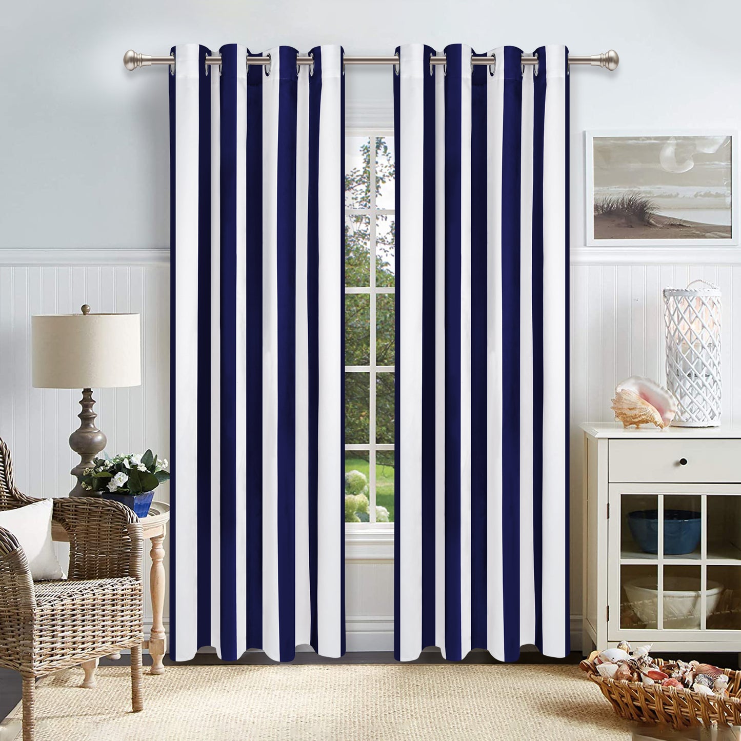 Alishomtll Cabana Striped Curtains for Bedroom Living Room Light Filtering Grommet Window Drapes ,52"X 84"L,2 Panels,Blue White