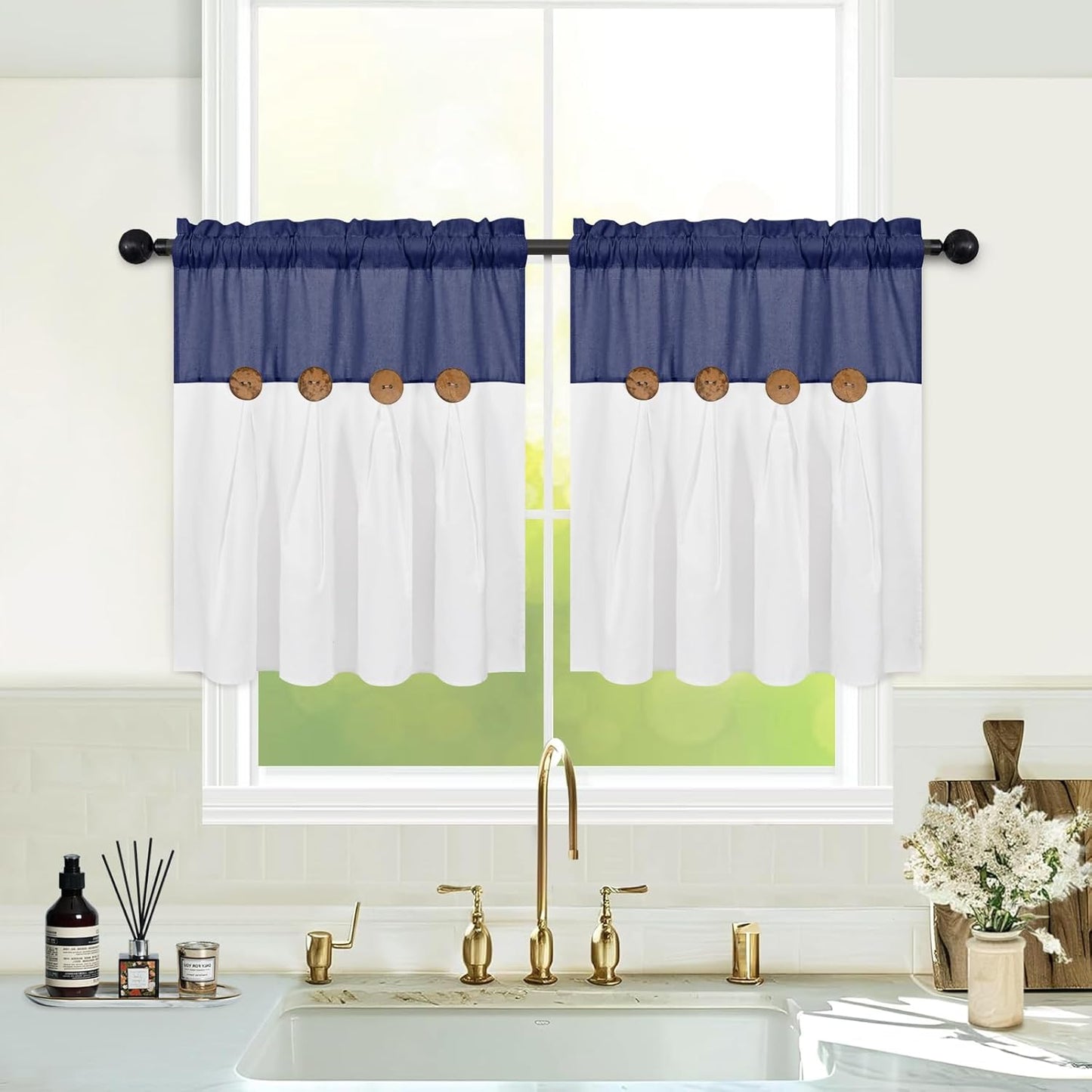 Alishomtll Farmhouse White Solid Print Rustic Rod Pocket Light Filtering Curtain Set, 26" x 24" (2 Panels),Blue White