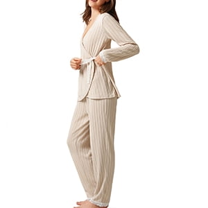 MecTo Women Pajamas Sets, Lady Ribbed Knit V-neck Long-Sleeved PJ, 2 piece, Size S