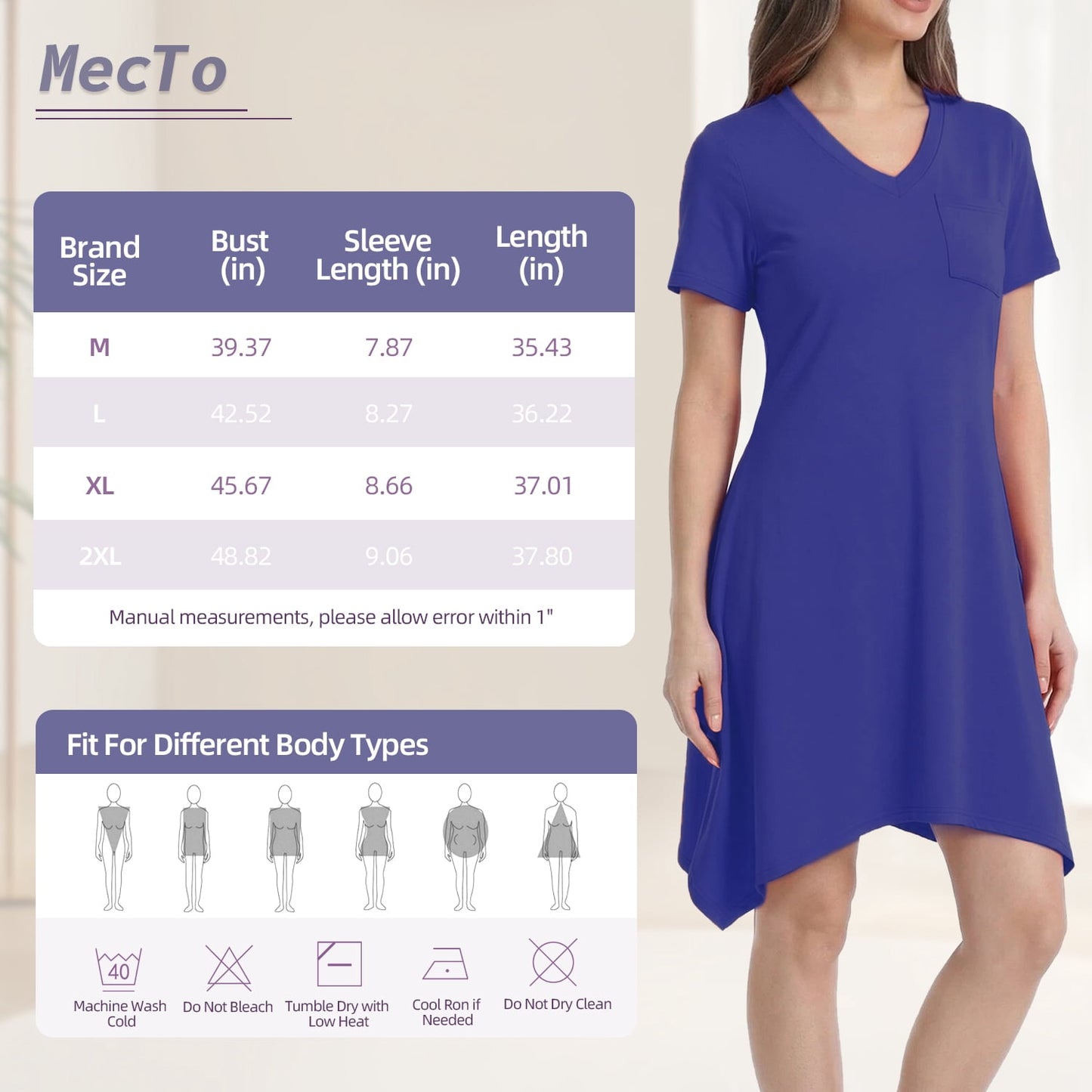 MecTo Summer Dresses for Women Soft V-neck Short Sleeve T shirts Asymmetrical Hem Casual Dress with Pockets