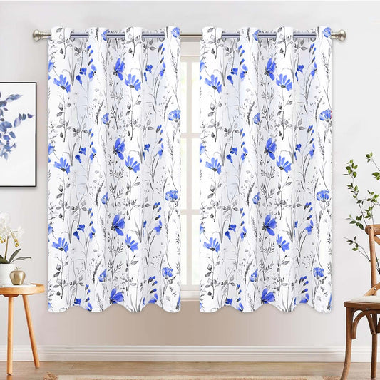 Alishomtll Blue Floral Blackout Curtains for Living Room Bedroom Energy Efficient Thermal Insulated Grommet Window Drapes, 52"x 63",Set of 2