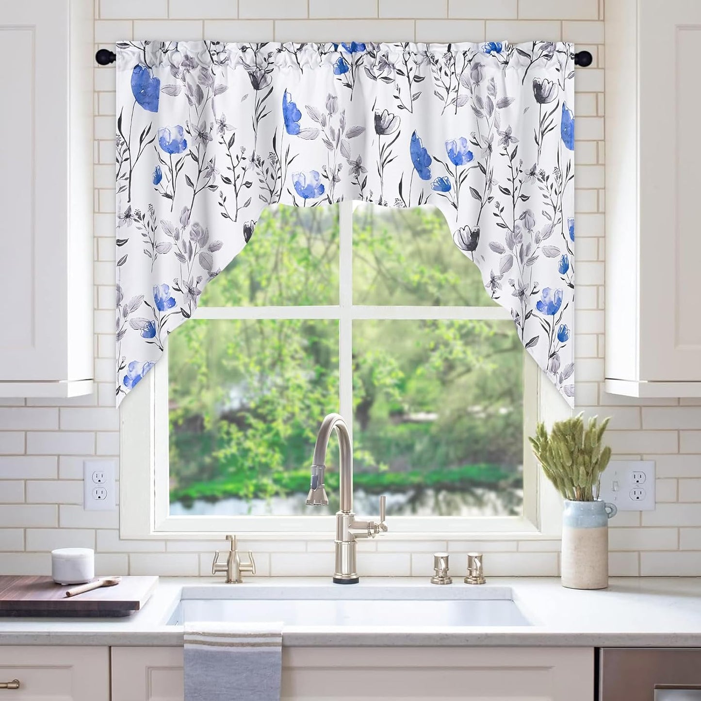Alishomtll Kitchen Curtains Valances Swags for Windows Blue Floral Printed Window Drapes,61" W x 36" L,Rod Pocket