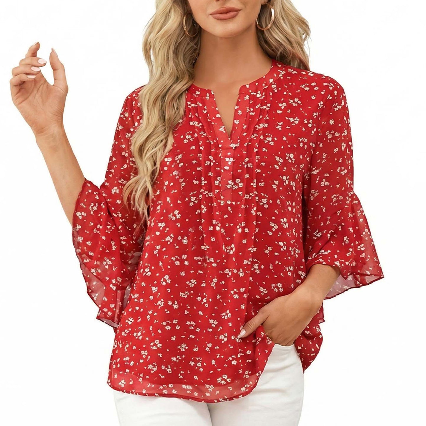 Gingprous Chiffon V-neck Blouse for Women Ruffed 3/4 Sleeve Tops Baggy Casual Business Blouse