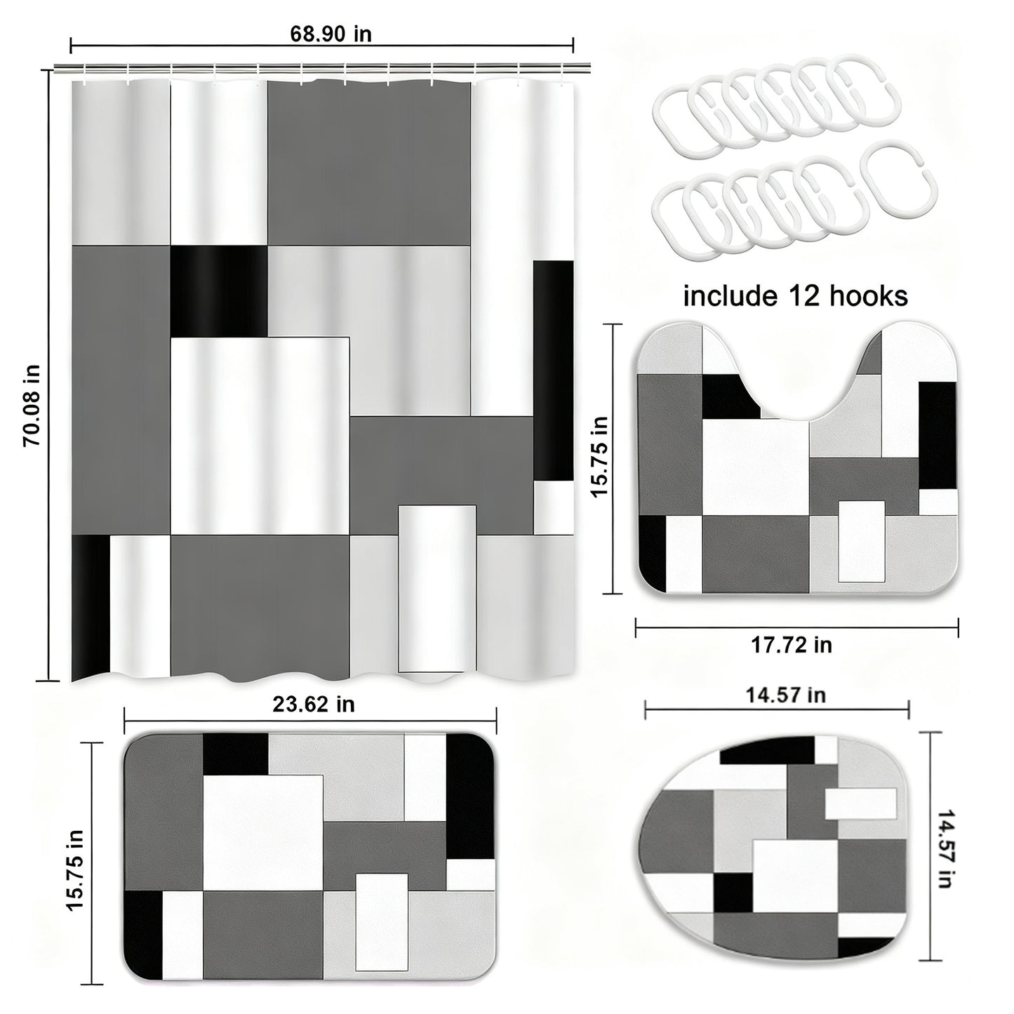 FRAMICS Gray Geometric Shower Curtain and Rug Sets, 16 Pc Black White Checkered Bathroom Sets, Modern Abstract Waterproof Fabric Shower Curtain Sets with 12 Hooks