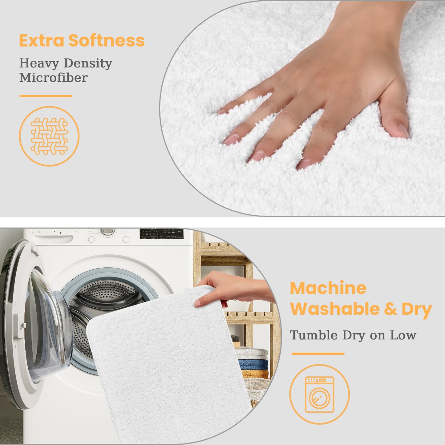 FRAMICS No Hook Shower Curtain Sets with Rug, Checkered Textured Waterproof Fabric Bathroom Sets with with Mesh Top Window, Hotel Grade, White, 70.9" x 74.8"