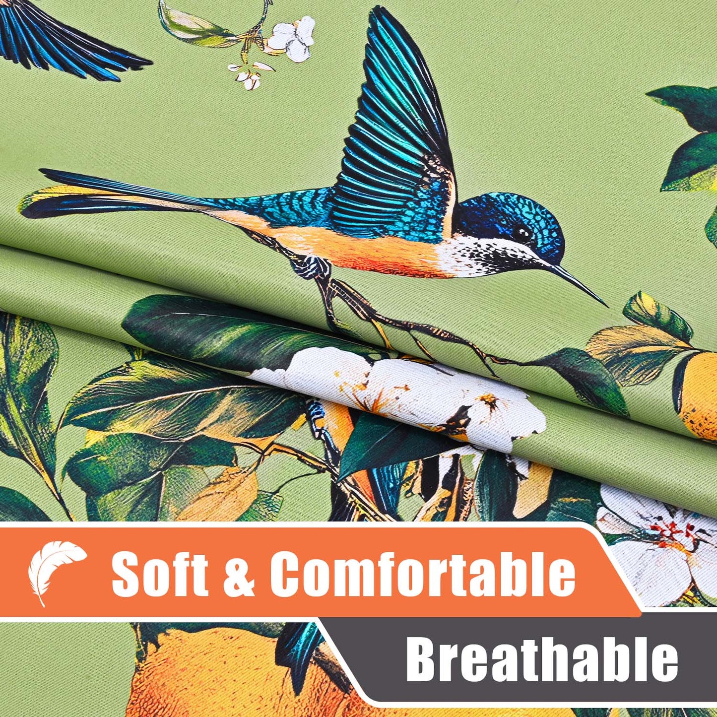 Alishomtll Floral Lemon Hummingbird Blackout Curtains Room Darkening Grommet Window Drapes for Living Room , 52" x63", ,Set of 2 Panels,Sage Green