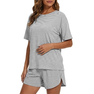MecTo Women's Classic Striped Pajama Set - Short Sleeve Round-Neck Sleepwear with Side-Slit Shorts