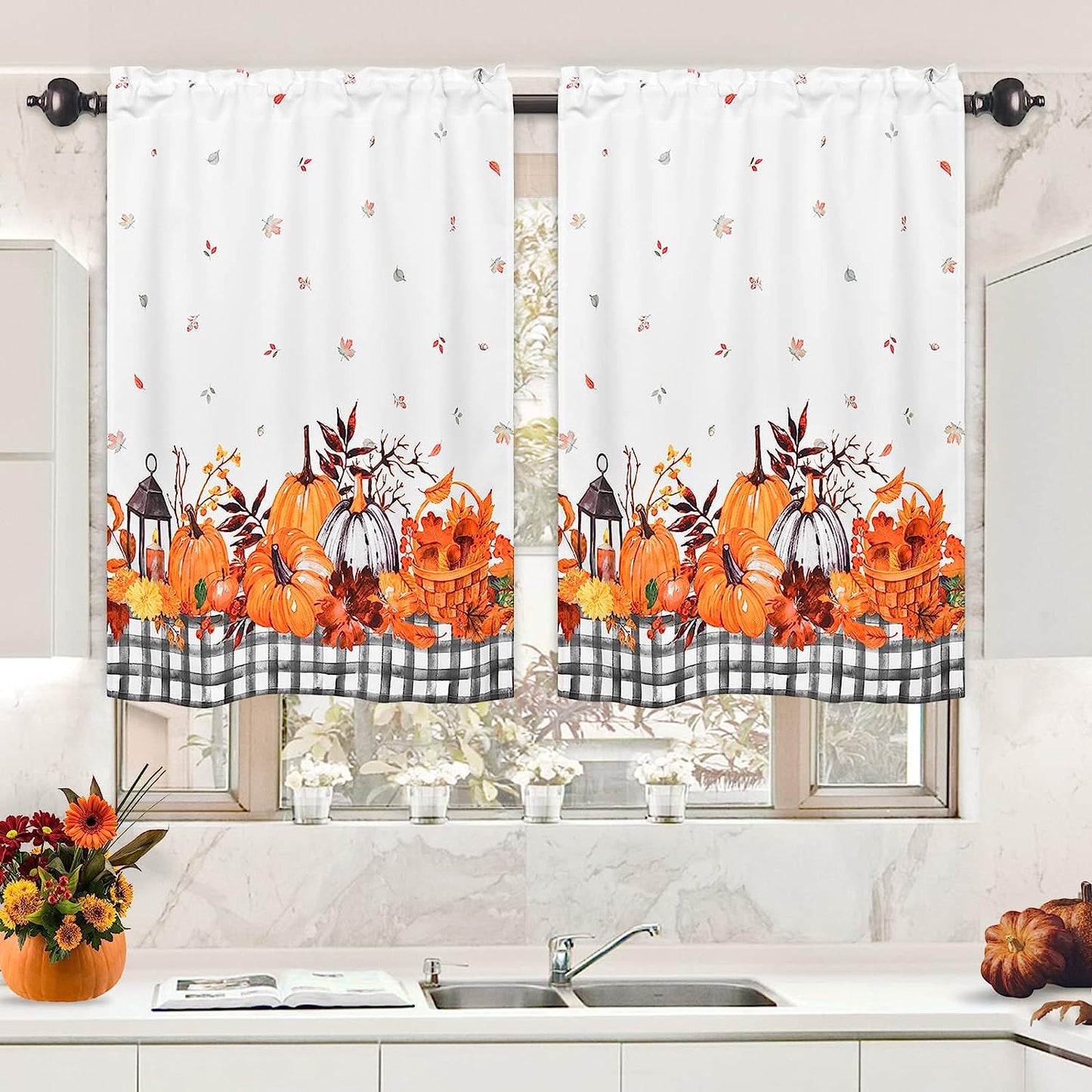 Alishomtll Thanksgiving Fall Tier Curtains for Kitchen Maple Leaves Pumpkin Printed Short Window Curtain Sets in 36 Length