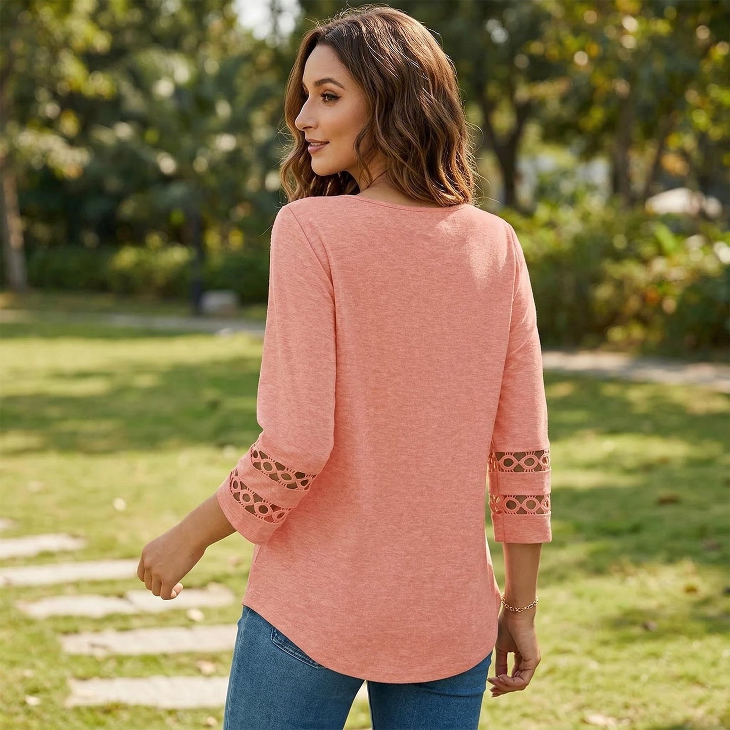 Gingprous 3/4 Sleeve Womens Hallow Out Sleeve Tops V Neck Tunic Blouse Curved Hem Casual Shirt