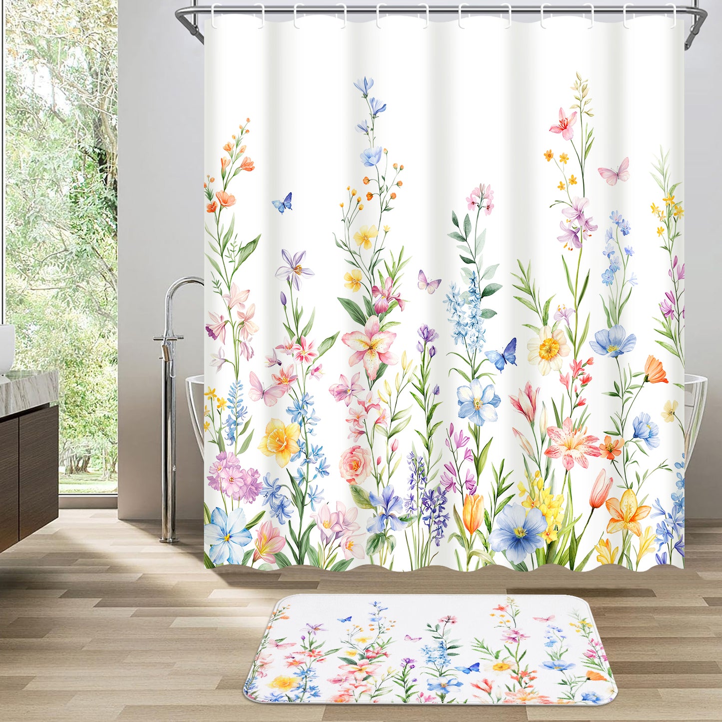 FRAMICS 16-Piece Floral Shower Curtain Sets with Rugs, Watercolor Wildflower Bathroom Sets with Hooks, Waterproof Fabric Bathroom Curtain, Machine Washable