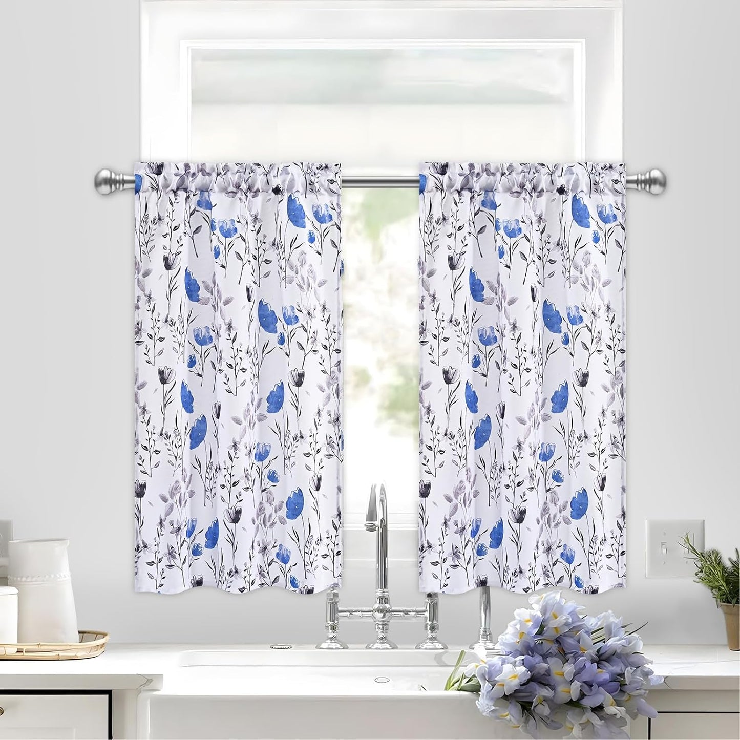 Alishomtll Kitchen Curtains Floral Print Tier Curtains Sets Light Filtering Small Window Drapes Rod Pocket ,26"Wx36"L,2 Panels,Blue