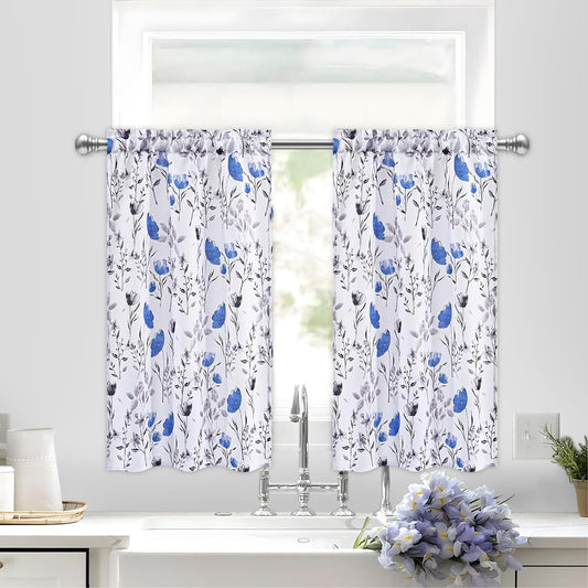 Alishomtll Kitchen Curtains Floral Print Tier Curtains Sets Light Filtering Small Window Drapes Rod Pocket ,26"Wx36"L,2 Panels,Blue