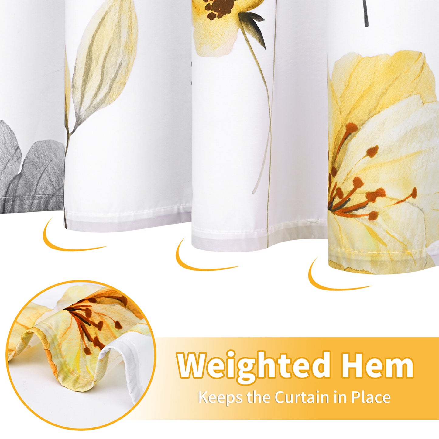 FRAMICS Yellow Grey Floral Shower Curtain Sets, 16 Pc Watercolor Flower Bathroom Sets with Rugs, Modern Minimalist White Waterproof Fabric Bathroom Curtain Decor with Hooks
