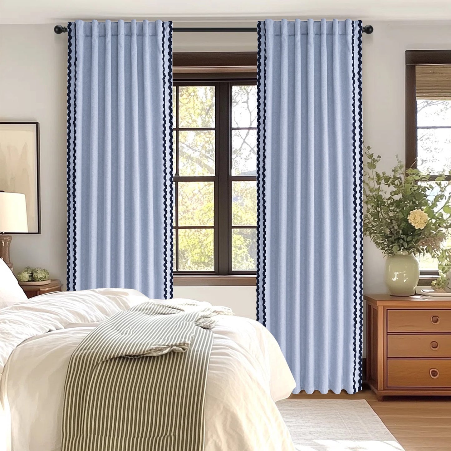 Alishomtll Blue Scalloped Rod Pocket Back Tab Blackout Curtains Set of 2,52"x 84",Thick Linen