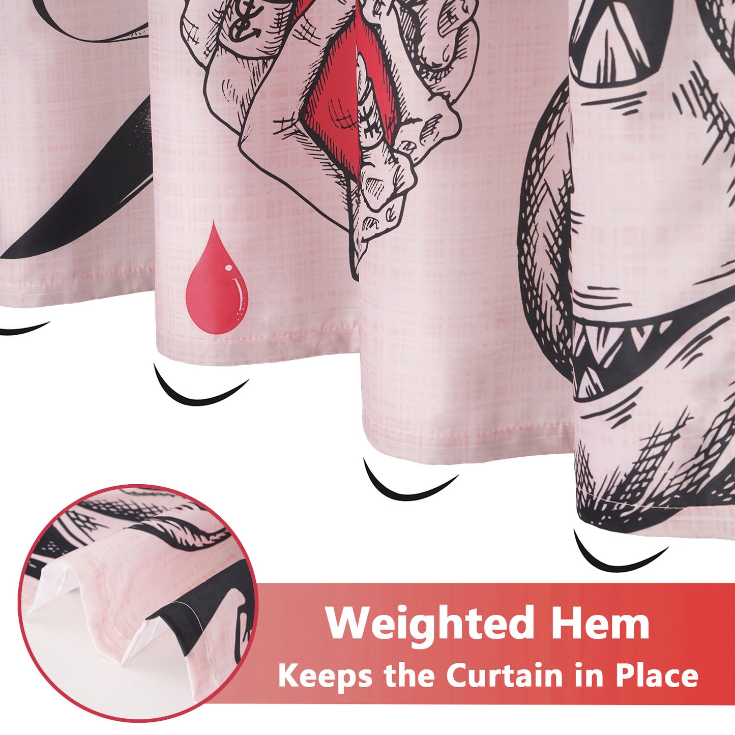 FRAMICS Halloween Shower Curtain Sets with Rugs, 16 Pc Scary Spooky Skeleton Devil Bat Bathroom Sets, Cute Pink Waterproof Fabric Shower Curtain with 12 Hooks and Toilet Rugs