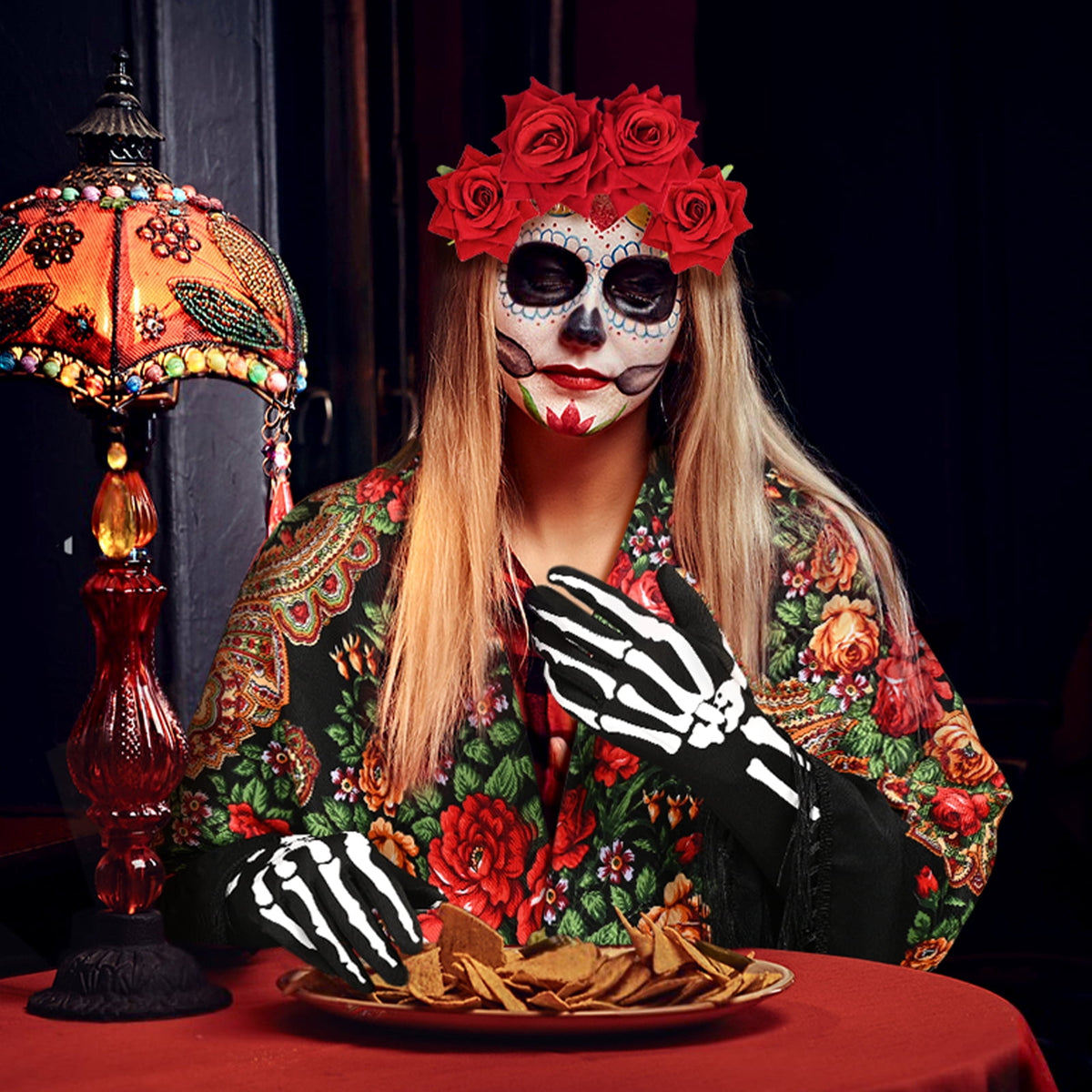 MARTINE MALL 7 Pcs Traditional Mexican Tassel Shawl, Day of the Dead Costumes for Women, Halloween Costume with Flower Hair Clips, Folding Fan, Skeleton Gloves, Temporary Face Tattoos