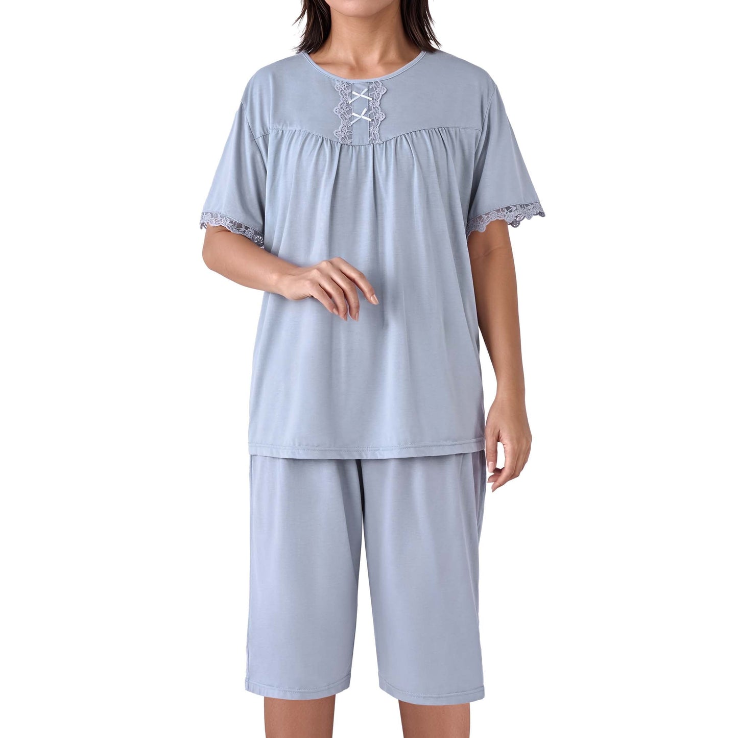 MecTo Womens Pajama Sets Cotton Lace Pj Set Short Sleeve Top with Capri Pants Sleepwear 2 Piece Lounge Set