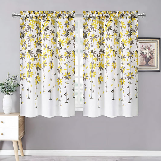 Alishomtll Falling Flower Kitchen Curtains Sets Tier Light Filtering Small Window Drapes Rod Pocket ,26"Wx36"L,2 Panels,Yellow