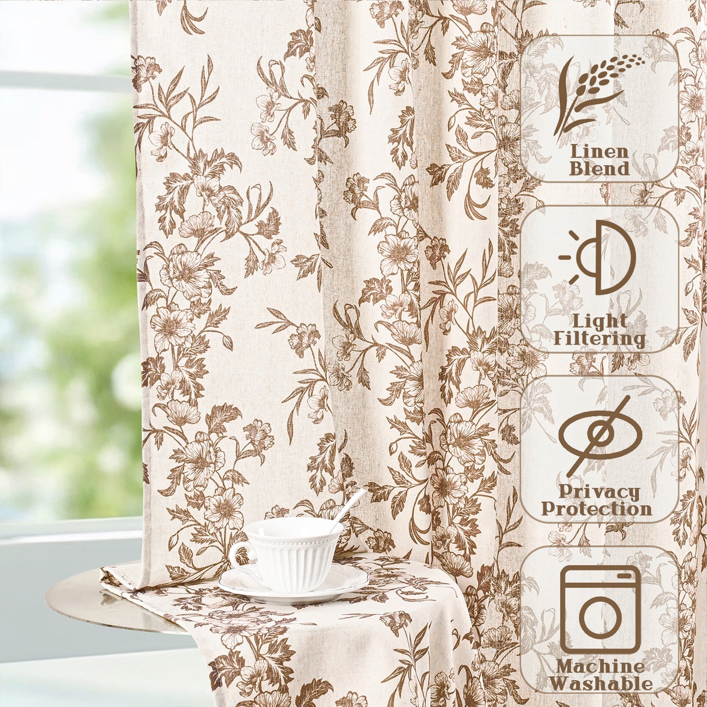 Alishomtll Floral Curtains for Living Room Farmhouse Country Linen Curtains Light Filtering Window Drapes,Brown ,52"x63", 2 Panels