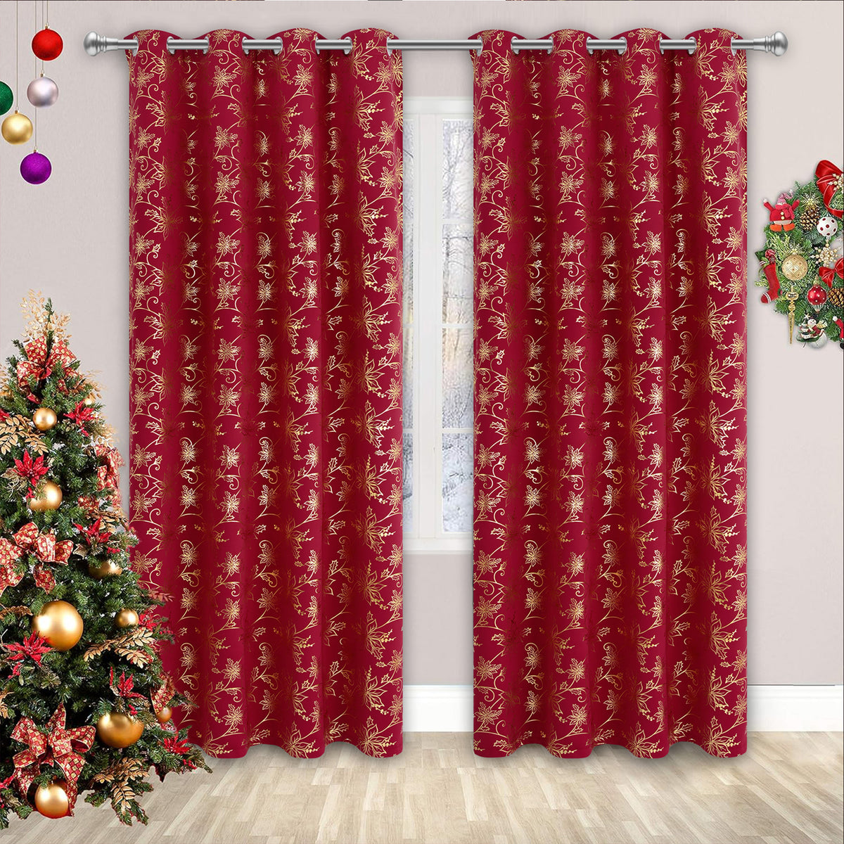 Alishomtll Red Christmas Blackout Curtains Golden Poinsettia Foil Print Room Darkening Window Drapes, 52" x 84"L, Set of 2 Panels
