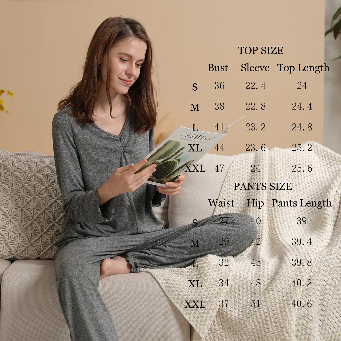 MecTo Women Pajama Sets Cotton Pj Set Long Sleeve Top with Long Pants Sleepwear 2 Piece Lounge Set