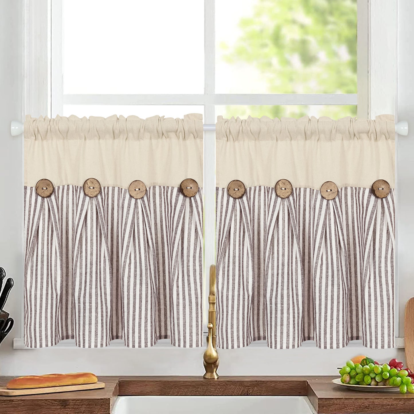 Alishomtll Stripe Kitchen Curtains 8 Button Linen Cotton Window Curtains Sets 24 Inches Long ,Rod Pocket