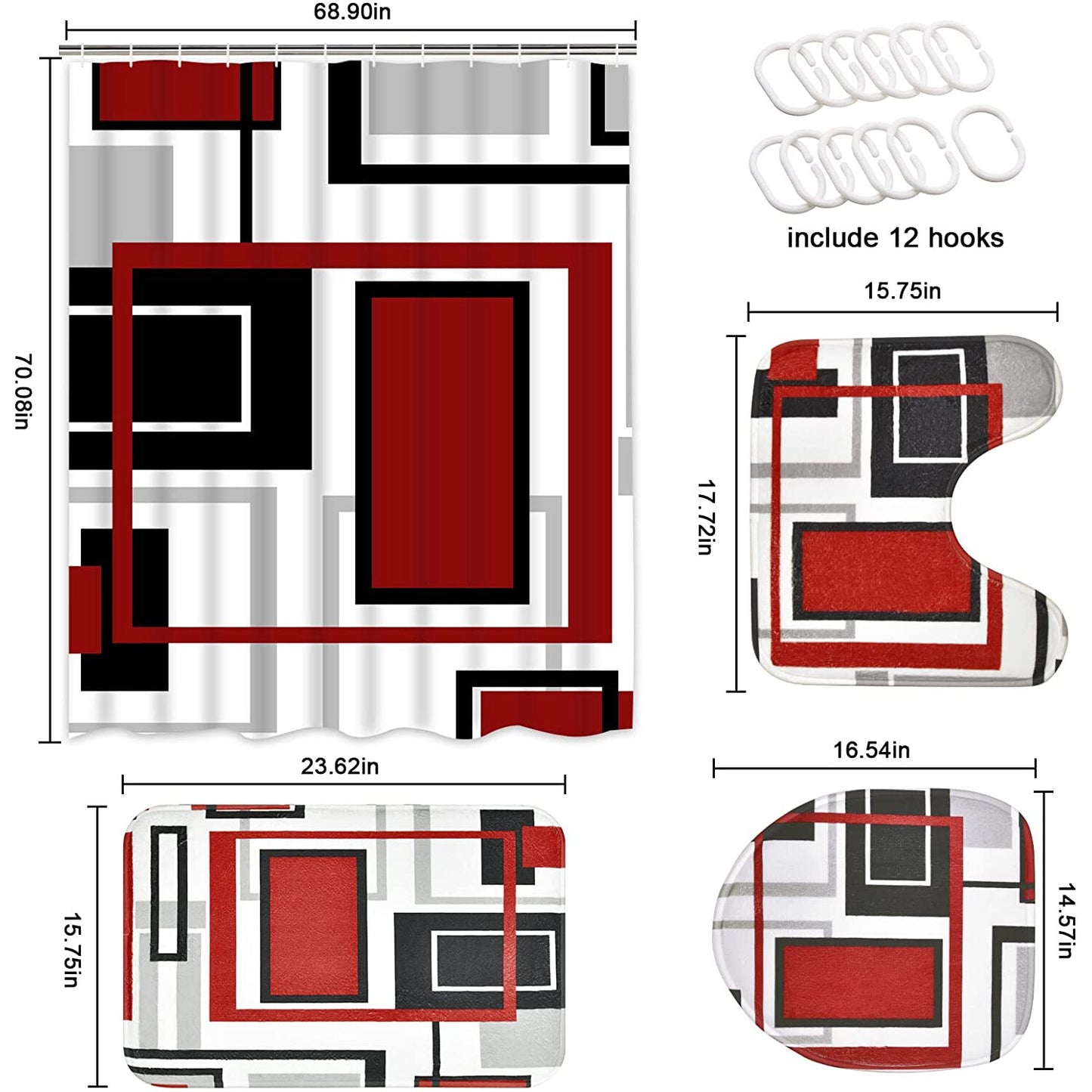 FRAMICS Red Black Geometric Shower Curtain and Rug Sets, 16 Pc Modern Abstract Bathroom Sets, Waterproof Fabric Shower Curtain with 12 Hooks and Toilet Rugs
