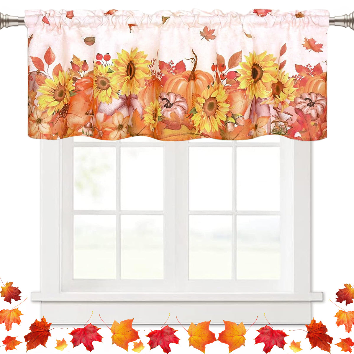 Alishomtll Fall Kitchen Curtains Thanksgiving Valance Fall Pumpkins Rod Pocket Window Treatment, 52W" x 18L", 1 Panel