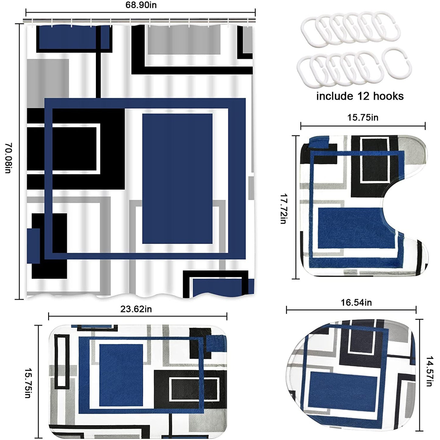 FRAMICS Blue Black Geometric Shower Curtain and Rug Sets, 16 Pc Modern Abstract Bathroom Sets, Waterproof Fabric Shower Curtain with 12 Hooks and Toilet Rugs