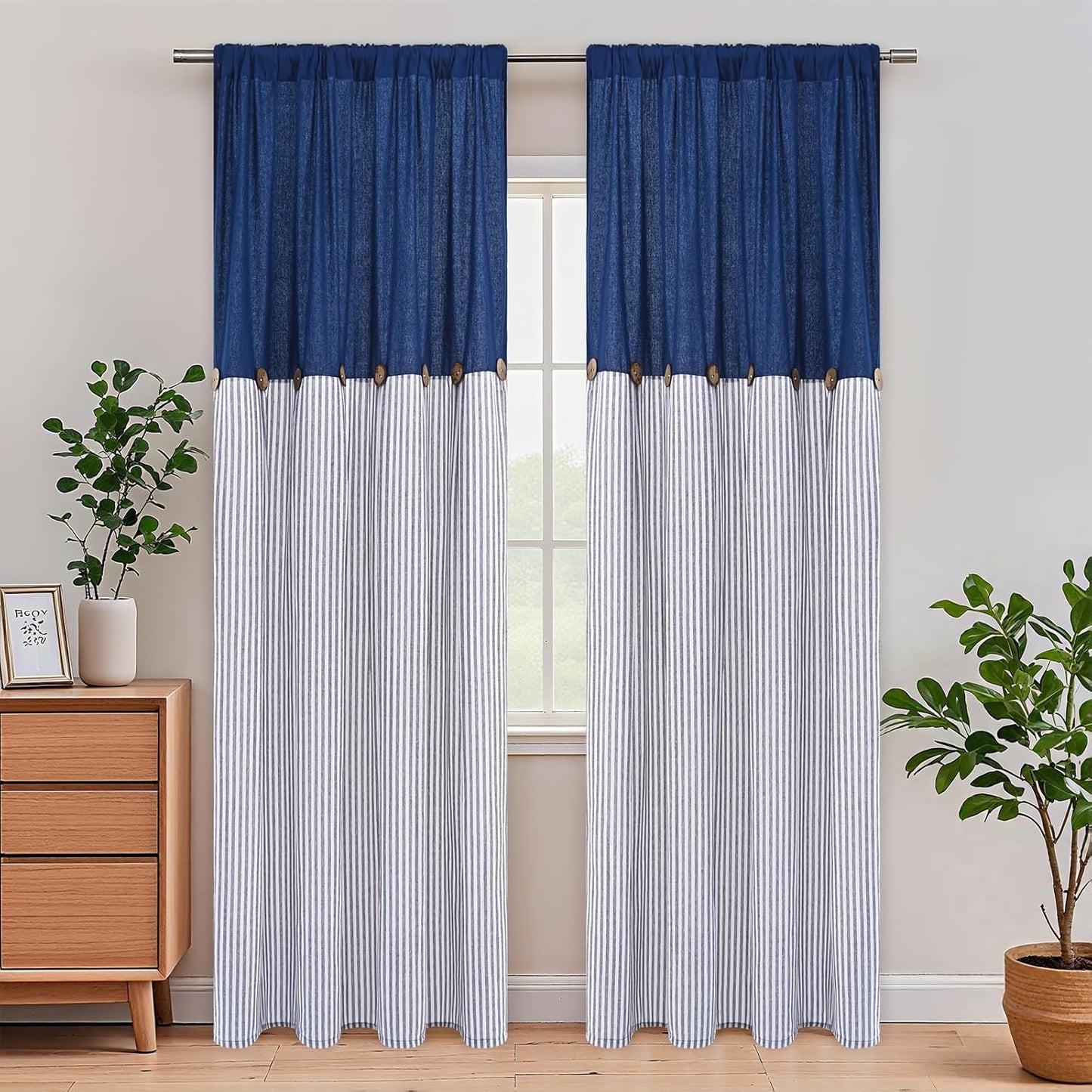 Alishomtll Farmhouse Curtains Natural Stripe Cotton Linen Button Boho Rustic Rod Pocket Back Tab Window Drapes for Living Room , 2 Panels