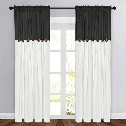 Alishomtll Linen Curtains Farmhouse Boho Button Light Filtering Window Drapes For Living Room Bedroom,Rod Pocket,84"L x 52"W, 2 Panel,Black White