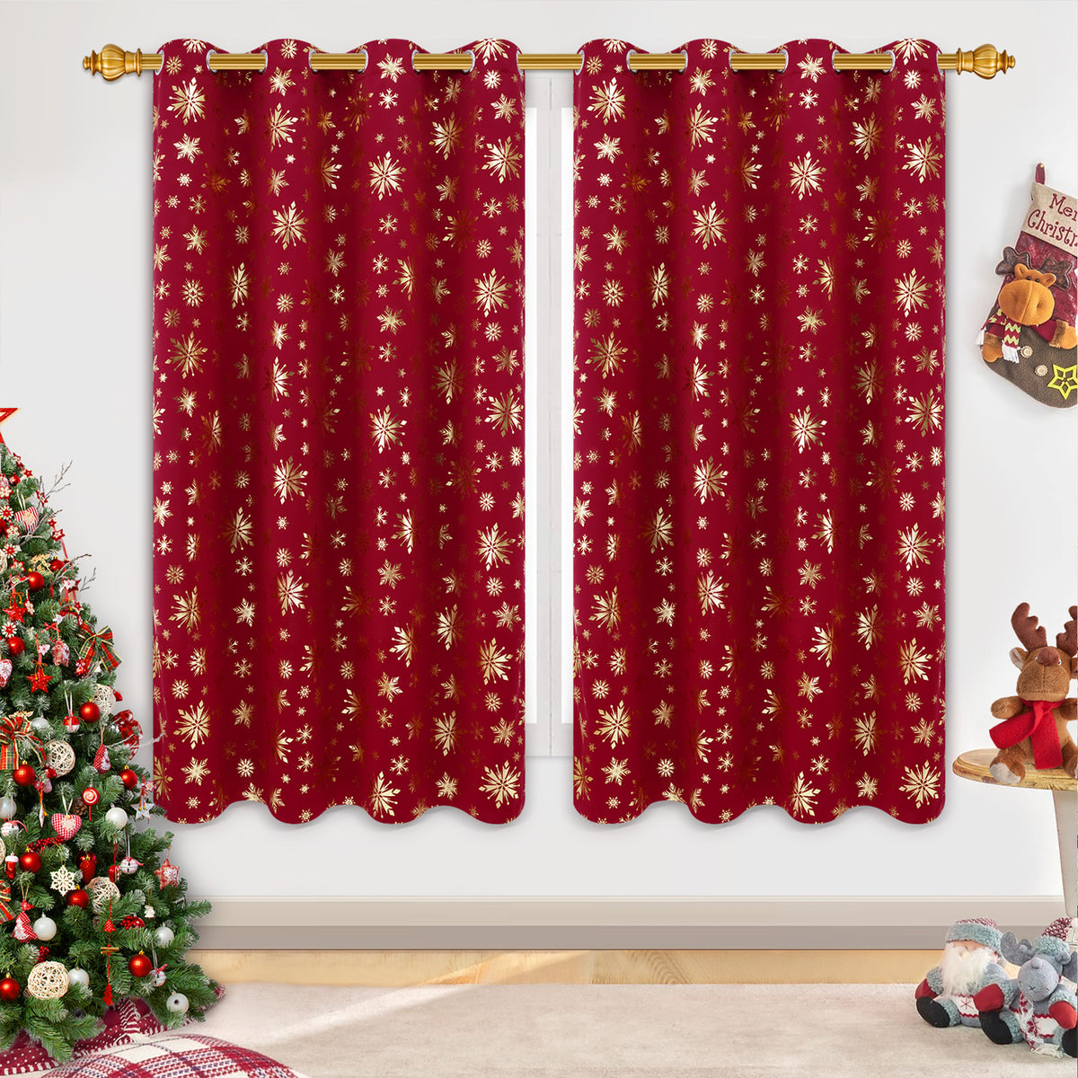 Alishomtll Red Christmas Curtains for Living Room Blackout Golden Snowflake Foil Pattern Room Darkening Window Drapes Holiday Xmas Decor, 52" x 84"L, Set of 2 Panels