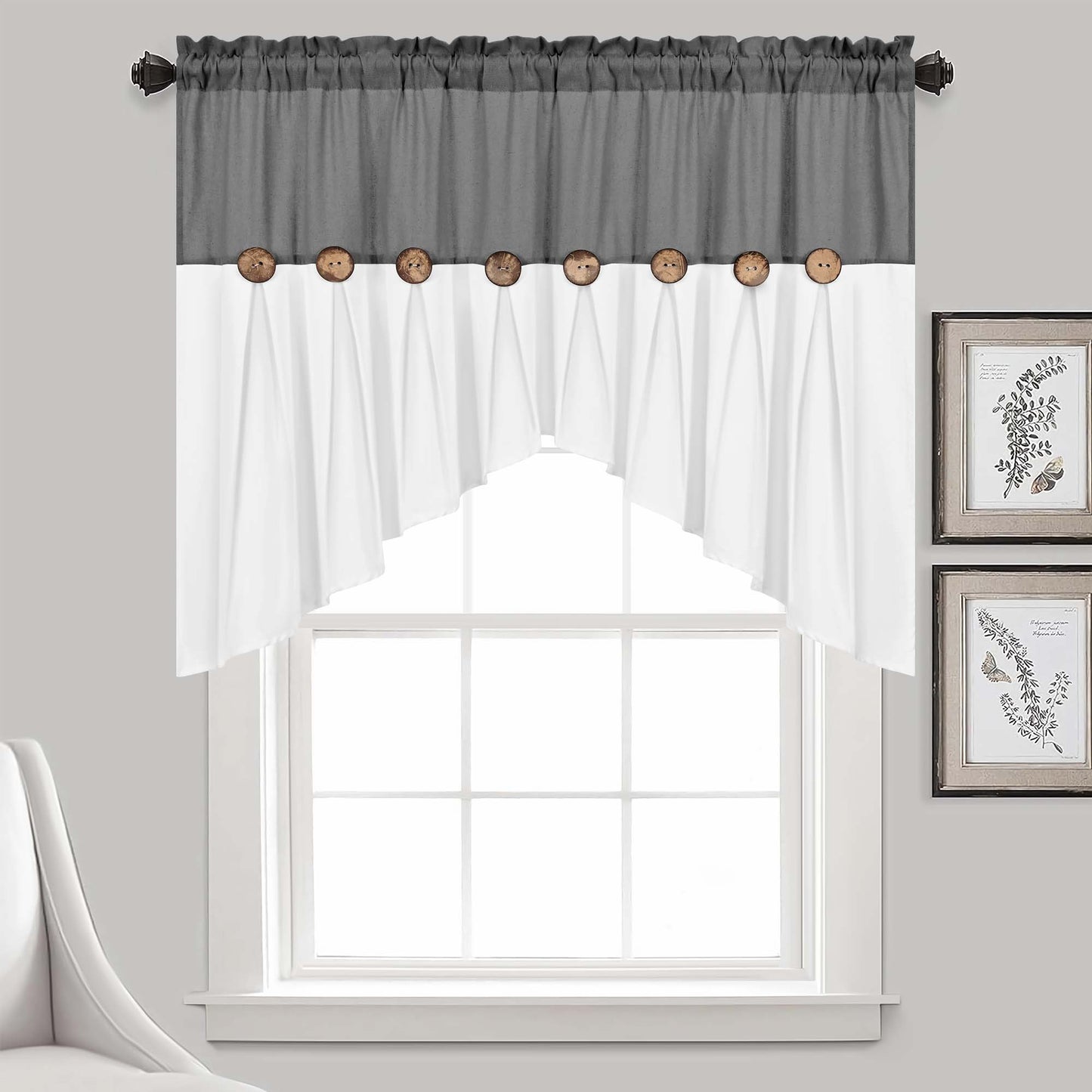 Alishomtll Linen Valance Farmhouse Boho Button Kitchen Curtains ,Rod Pocket,36"L x 52"W, Gray White