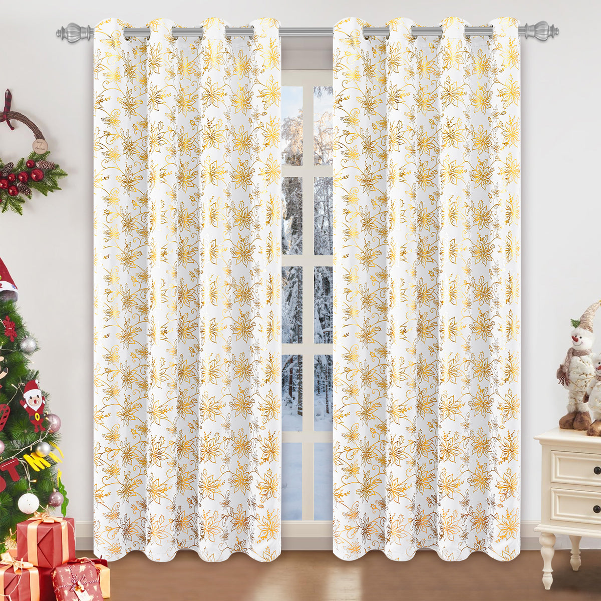 Alishomtll Red Christmas Blackout Curtains Golden Poinsettia Foil Print Room Darkening Window Drapes, 52" x 84"L, Set of 2 Panels
