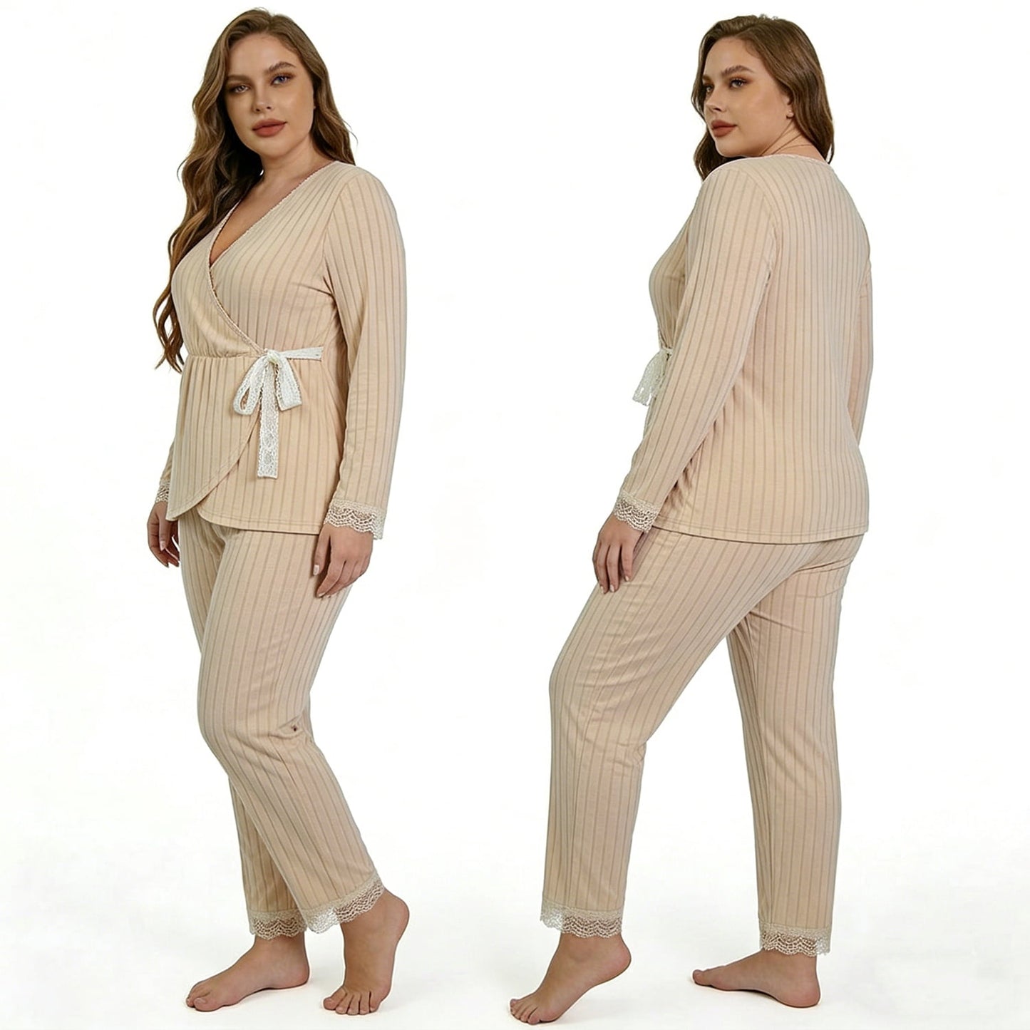MecTo Women Pajamas Sets, Lady Ribbed Knit V-neck Long-Sleeved PJ, 2 piece, Size S