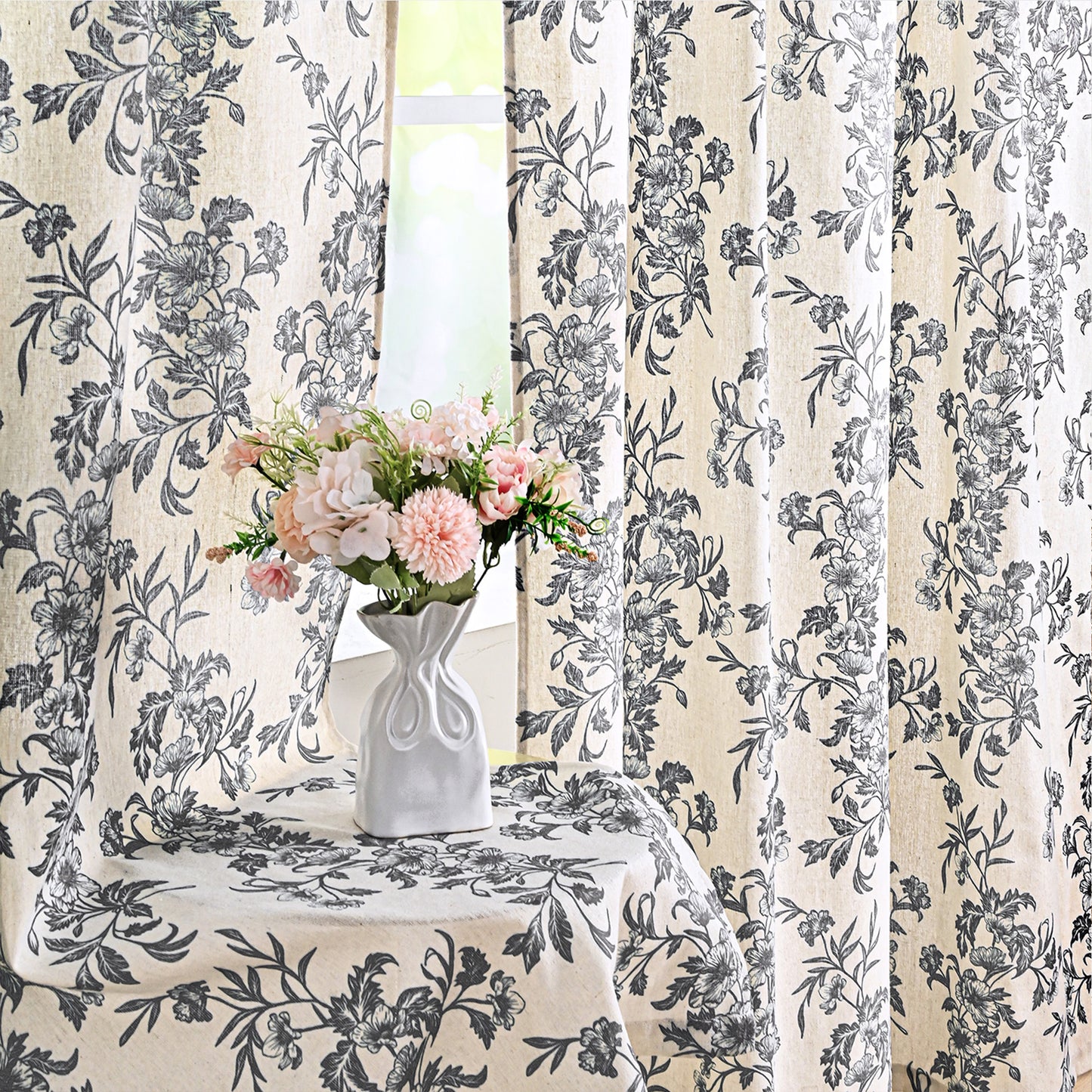 Alishomtll Floral Curtains for Living Room Farmhouse Country Linen Curtains Light Filtering Window Drapes,Black ,52"x63", 2 Panels