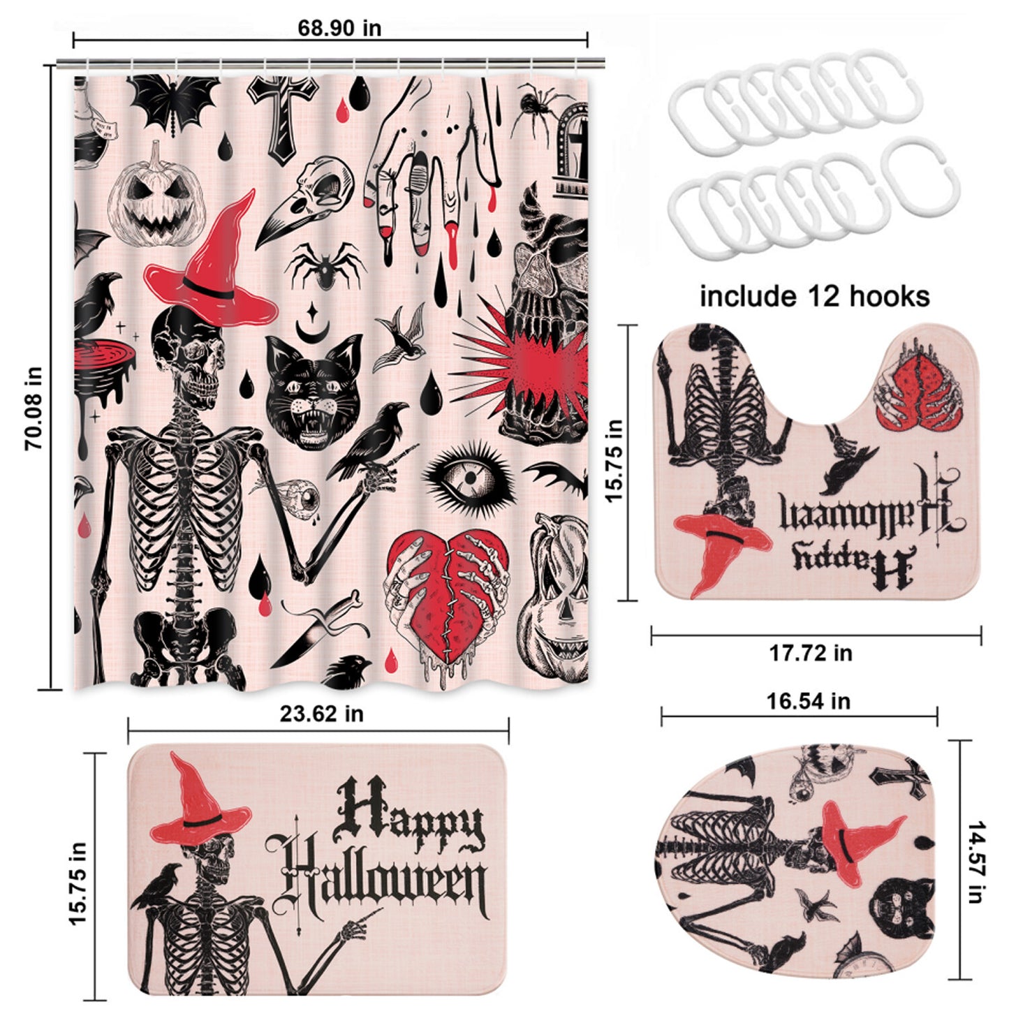 FRAMICS Halloween Shower Curtain Sets with Rugs, 16 Pc Scary Spooky Skeleton Devil Bat Bathroom Sets, Cute Pink Waterproof Fabric Shower Curtain with 12 Hooks and Toilet Rugs