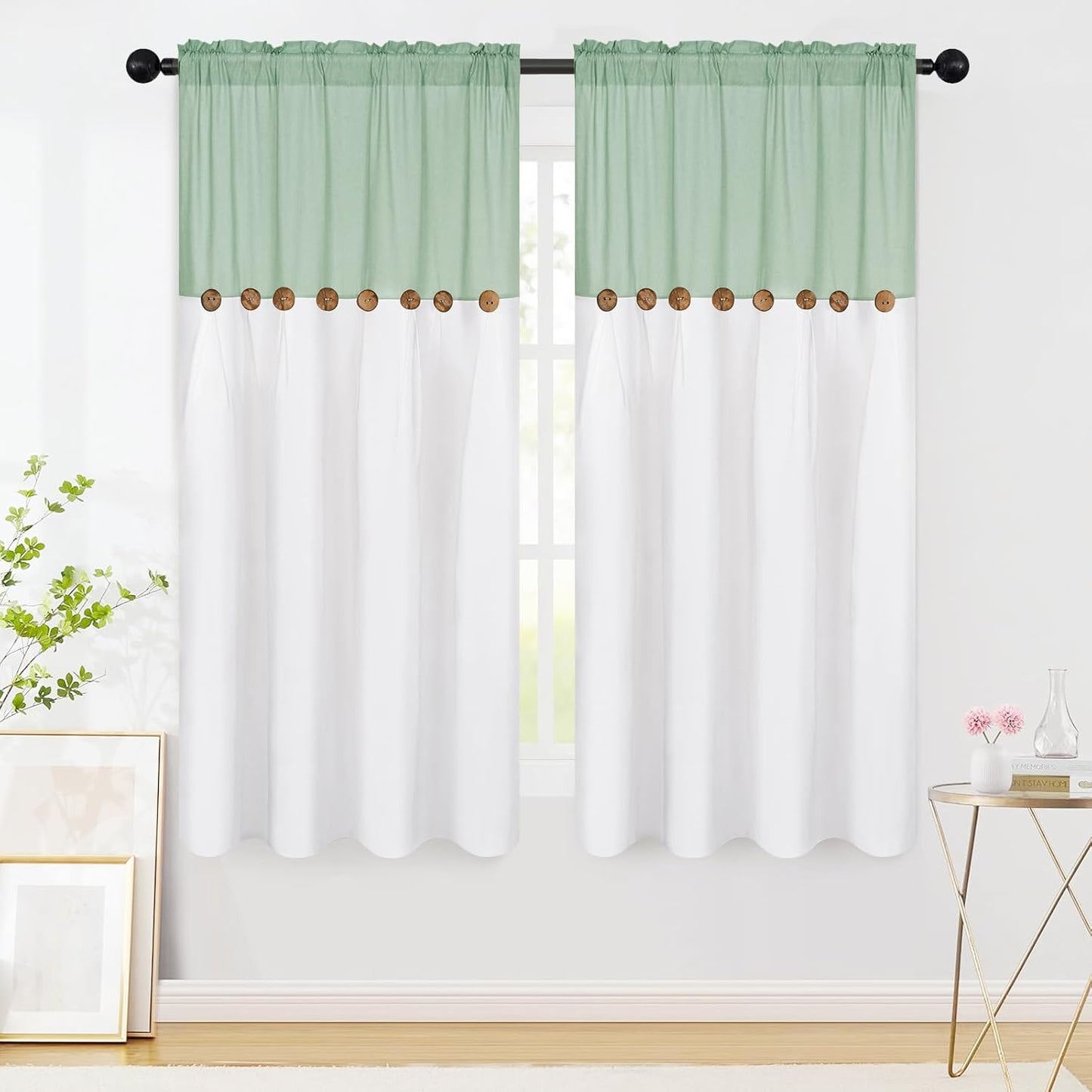 Alishomtll Linen Curtains Farmhouse Boho Button Light Filtering Window Drapes For Living Room Bedroom,Rod Pocket,63"L x 52"W, 2 Panel,Teal White