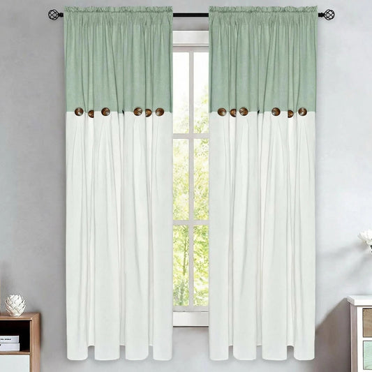 Alishomtll Linen Curtains Farmhouse Boho Button Light Filtering Window Drapes For Living Room Bedroom,Rod Pocket,63"L x 52"W, 2 Panel,Teal White