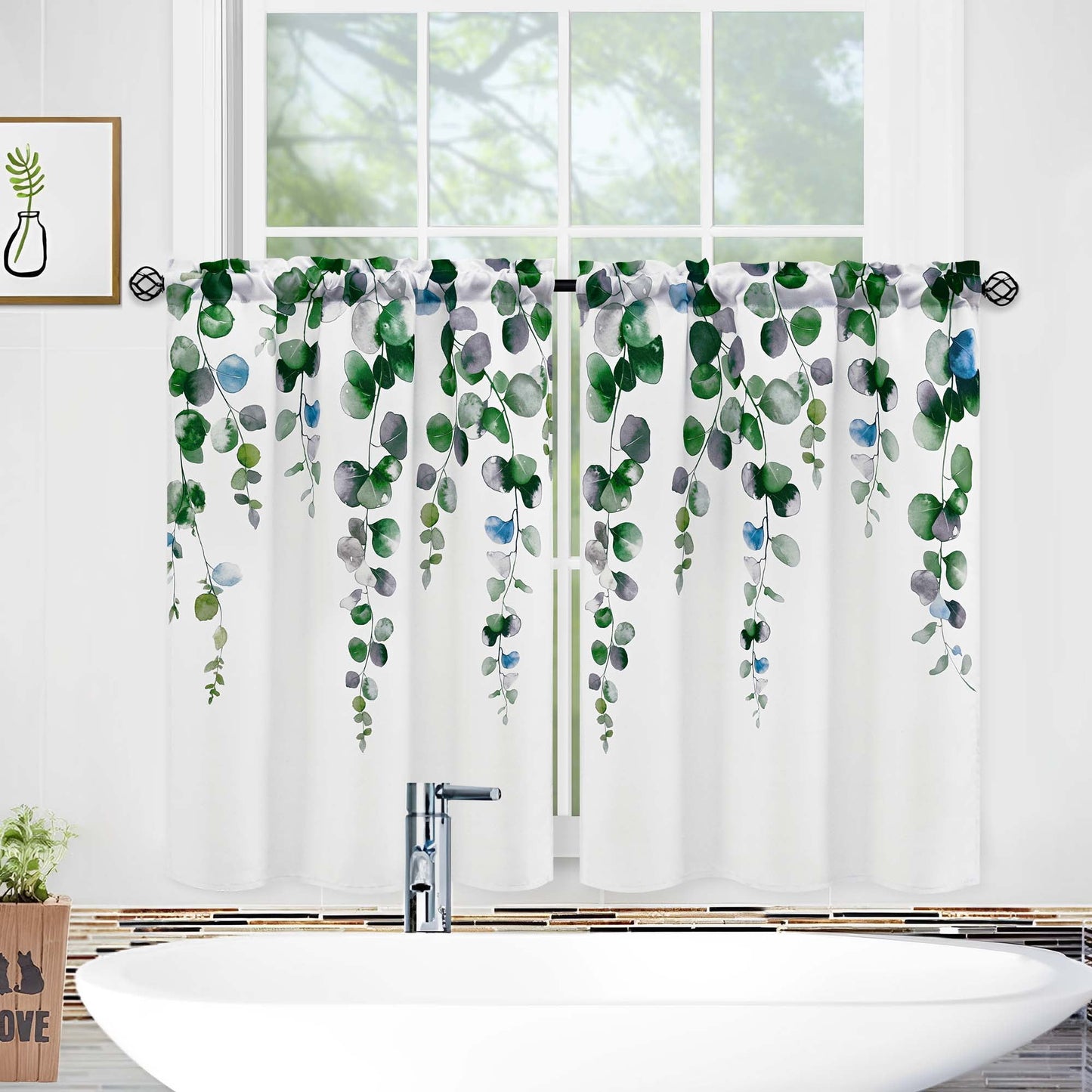 Alishomtll Kitchen Curtains Grey Green Watercolor Leaves Print Tier Windows Drapes Sets 36 Inch ,Rod Pocket
