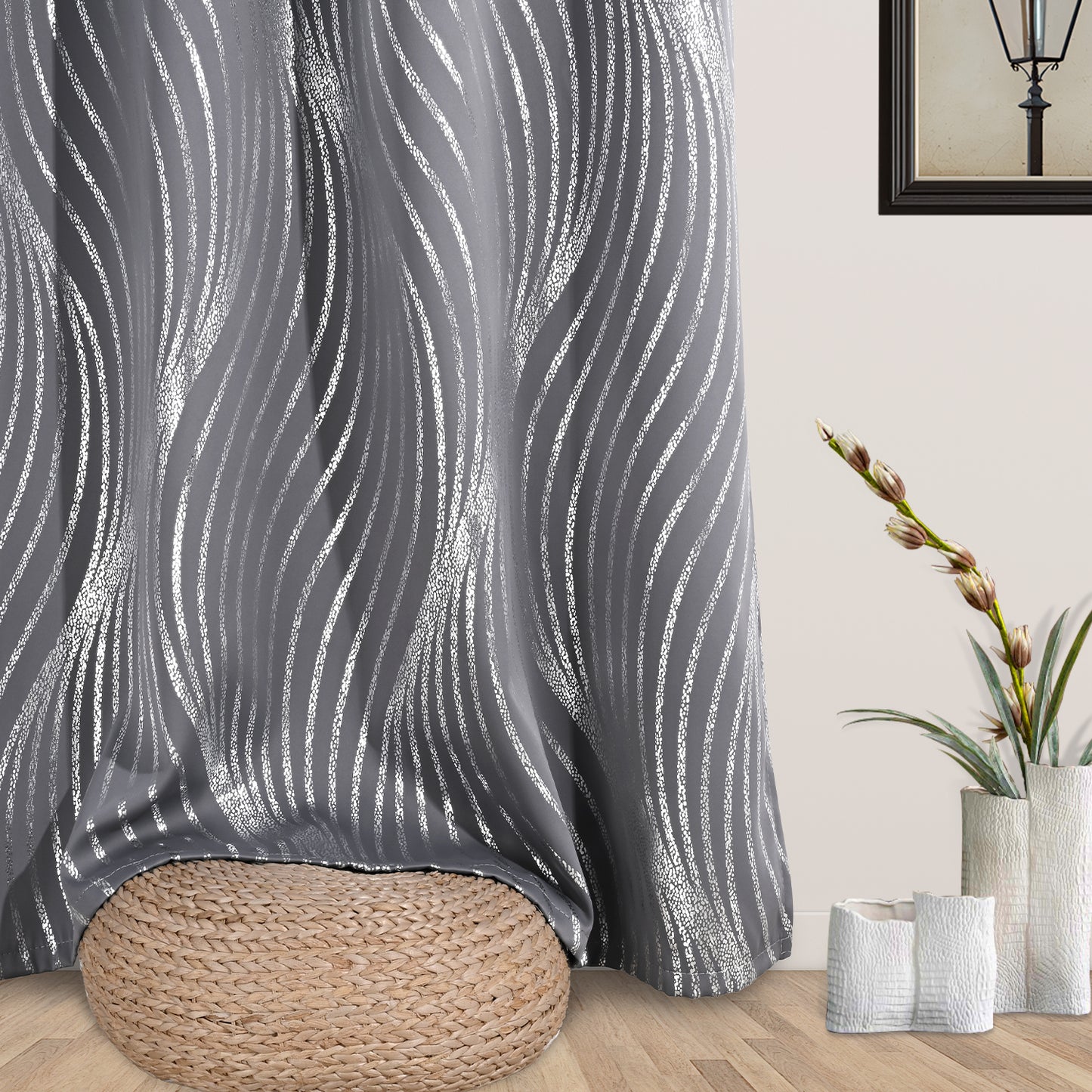 Alishomtll Grey Blackout Curtains for Living Room ,Modern Metallic Silver Wave Pattern Bedroom Thermal Insulated Drapes ,2 Panel Set,52"x84"