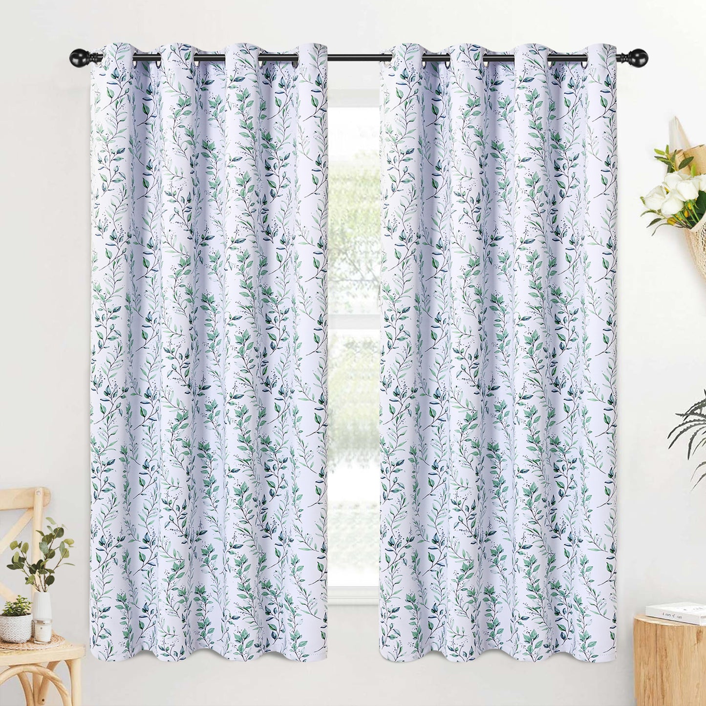 Alishomtll Blackout Curtains Green Leaf Printed Thermal Insulated Window Drapes for Bedroom Living Room 63 Inches Long,52" Wide, 2 Panels