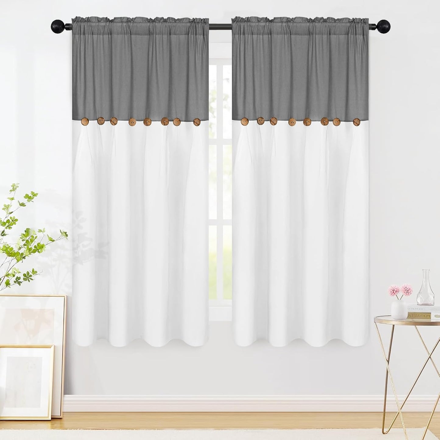Alishomtll Linen Curtains Farmhouse Boho Button Light Filtering Window Drapes For Living Room Bedroom,Rod Pocket,63"L x 52"W, 2 Panel,Gray White