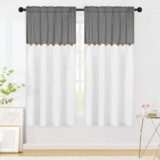 Alishomtll Linen Curtains Farmhouse Boho Button Light Filtering Window Drapes For Living Room Bedroom,Rod Pocket,63"L x 52"W, 2 Panel,Gray White