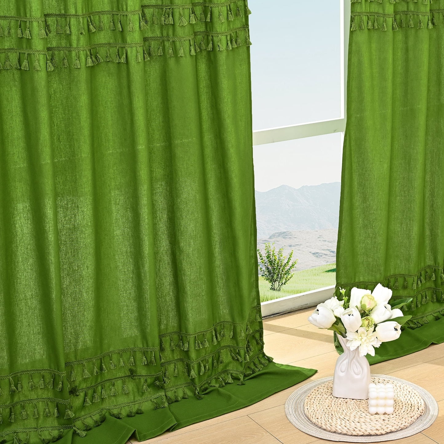 Alishomtll Boho Curtains for Living Room Semi Blackout Curtains with 8 Tassel Window Drapes Back Tab ,Green，52"Wx84"L，2 Panels