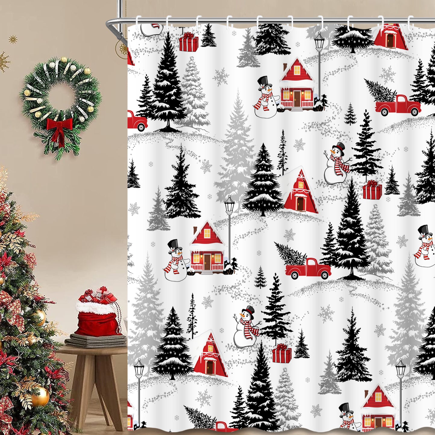 FRAMICS Christmas Snowman Shower Curtain Sets with Rugs, 16 Pcs Pine Tree Truck Bathroom Sets, Waterproof Fabric Bathroom Curtain for Home Holiday Decor with Hooks