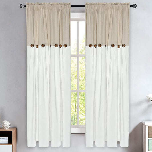 Alishomtll Linen Curtains Farmhouse Boho Button Light Filtering Window Drapes For Living Room Bedroom,Rod Pocket,63"L x 52"W, 2 Panel,White Linen