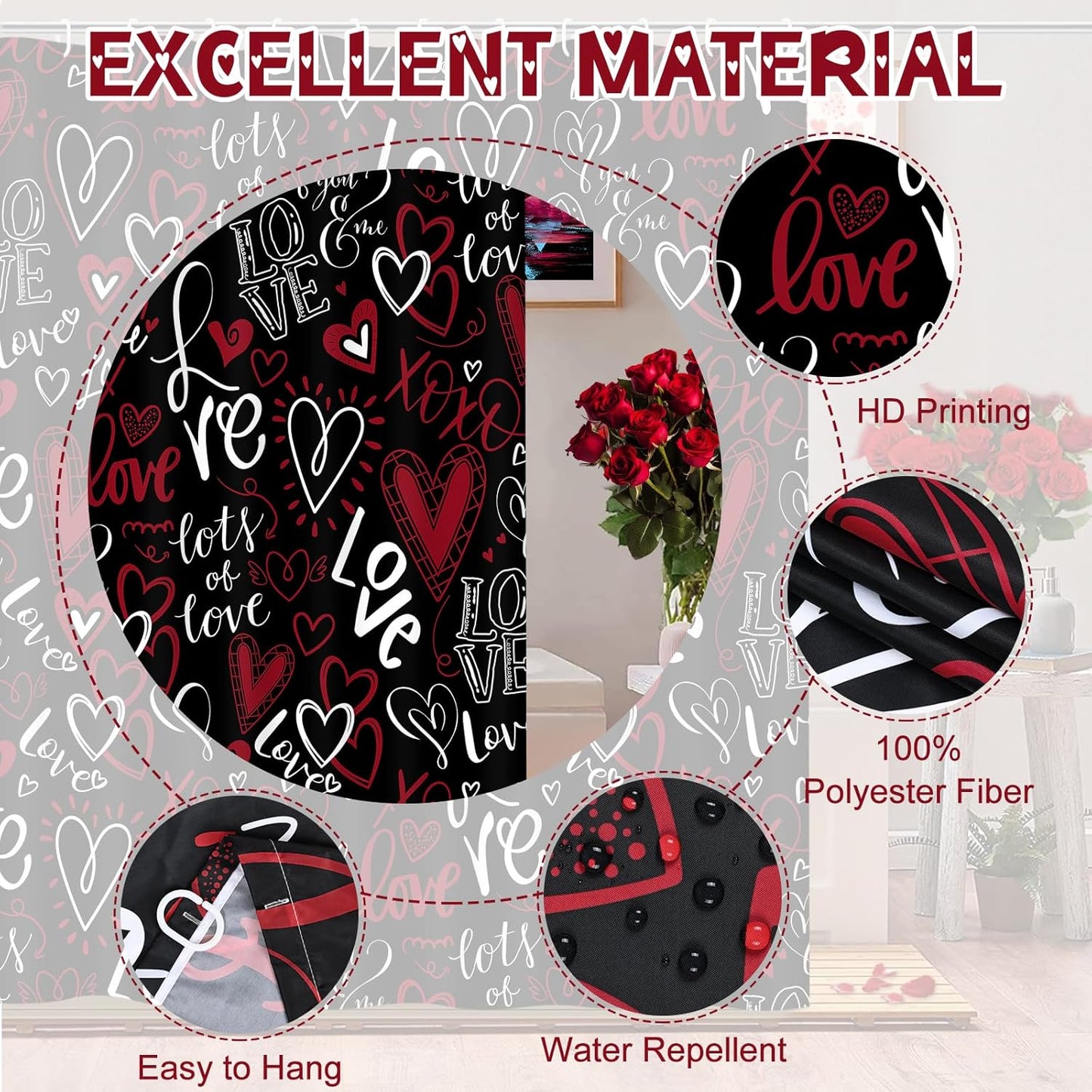 FRAMICS Valentine's Day Shower Curtain Sets with Rugs, 16 Pc Love Heart Bathroom Sets, Waterproof Fabric Vintage Bathroom Curtain Decor with Hooks